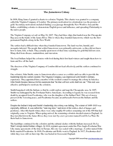 Worksheets Jamestown Worksheet the jamestown colony 3rd 5th grade worksheet lesson planet