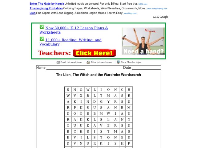 Printables The Lion The Witch And The Wardrobe Worksheets the lion witch and wardrobe wordsearch 2nd 3rd grade worksheet lesson planet