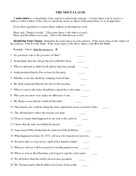 Printables Noun Clause Worksheet the noun clause 6th 8th grade worksheet lesson planet