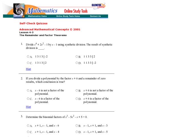 Worksheets Remainder Theorem Worksheet the remainder and factor theorems 10th 12th grade worksheet lesson planet