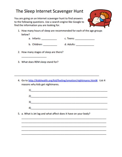 Printables Internet Scavenger Hunt Worksheet the sleep internet scavenger hunt 6th 9th grade worksheet lesson planet