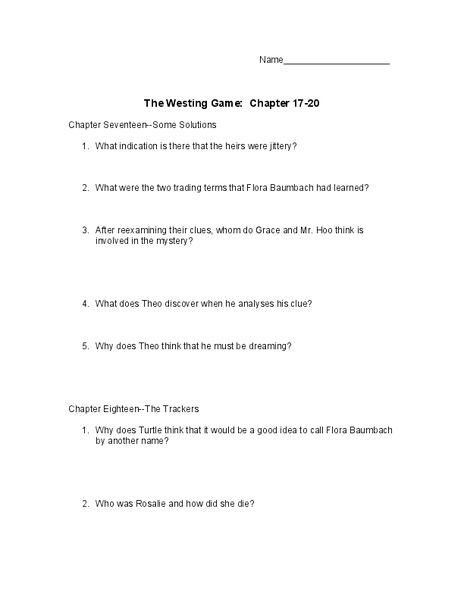 Printables The Westing Game Worksheets the westing game chapter 17 20 10th 11th grade worksheet lesson planet