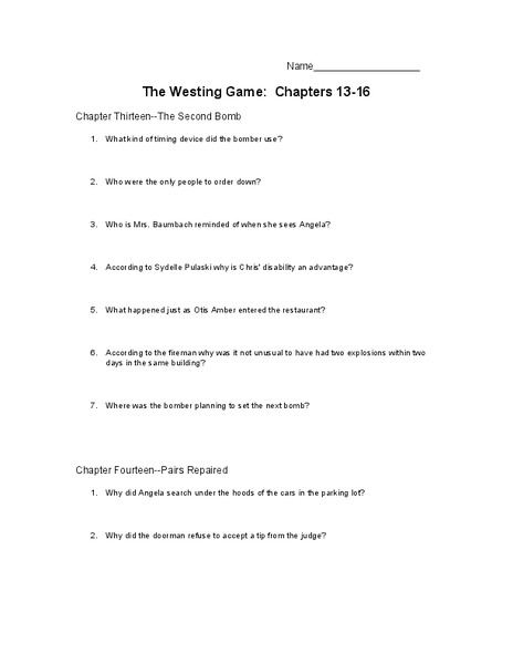 Printables The Westing Game Worksheets the westing game chapters 13 16 10th 11th grade worksheet lesson planet