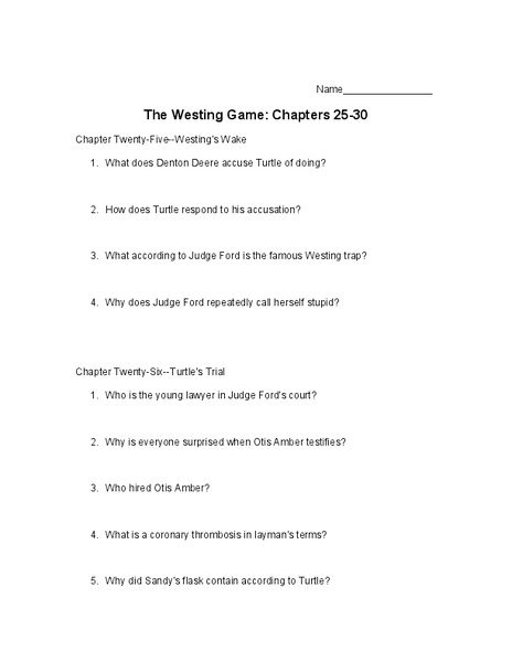 Printables The Westing Game Worksheets the westing game chapters 25 30 10th 11th grade worksheet lesson planet
