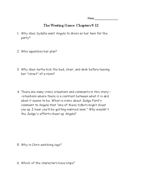 Printables The Westing Game Worksheets the westing game chapters 9 12 10th 11th grade worksheet lesson planet