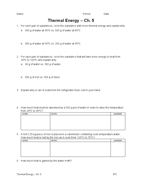 Printables Thermal Energy Worksheet thermal energy worksheet davezan