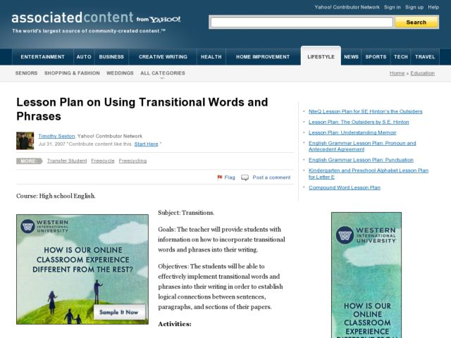 Transitional Words And Phrases 9th 12th Grade Lesson Plan Transitional Words And Phrases 9th 12th Grade Lesson Plan Planet
