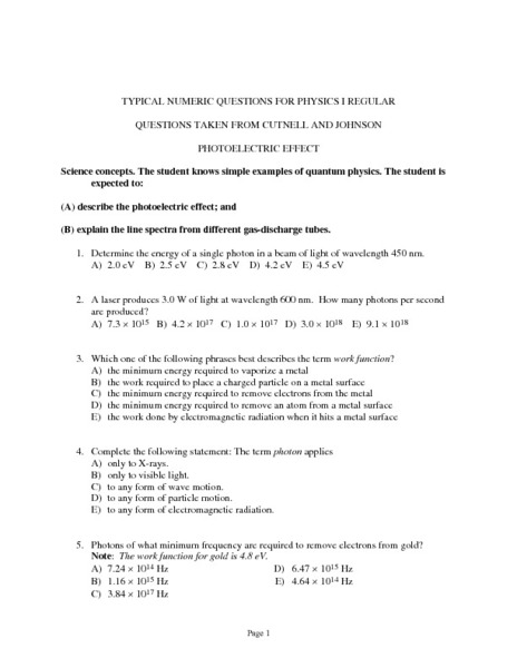 Printables High School Physics Worksheets high school quantum mechanics worksheet intrepidpath typical numeric questions for physics i photoelectric effect