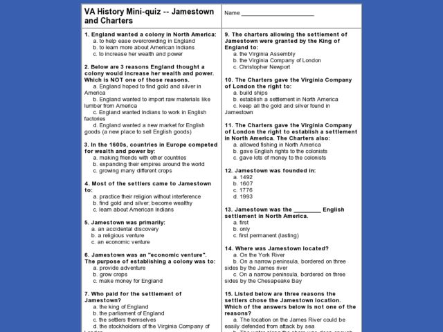 Printables Jamestown Worksheet jamestown worksheet davezan va history mini quiz and charters 7th 12th grade