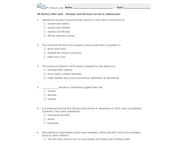 Worksheets Jamestown Worksheet va history mini quiz women and africans arrive in jamestown 7th 12th grade worksheet lesson planet