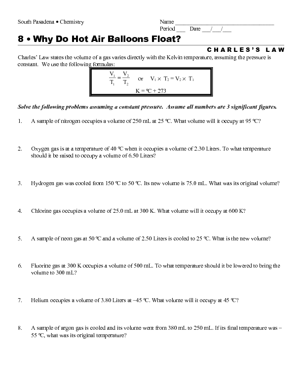 Printables Ideal Gas Law Worksheet Answers boyles charles law worksheet answers intrepidpath why do hot air balloons float 9th 12th grade lesson