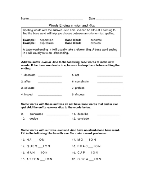 Printables Words Ending In Tion Worksheet word endings sion and tion 3rd 4th grade worksheet lesson planet