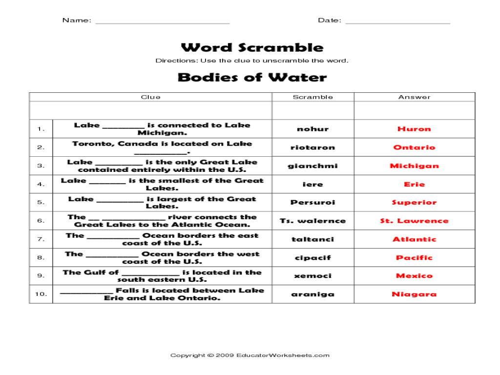 Worksheets Landforms And Bodies Of Water Worksheet bodies of water worksheet free worksheets library download and map skills scholastic printables