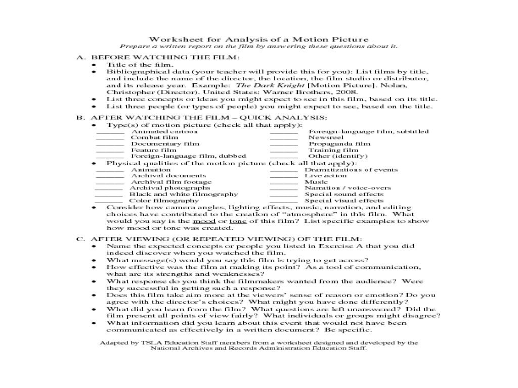 worksheet Motion Picture Analysis Worksheet worksheet for analysis of a motion picture 9th 12th grade lesson planet