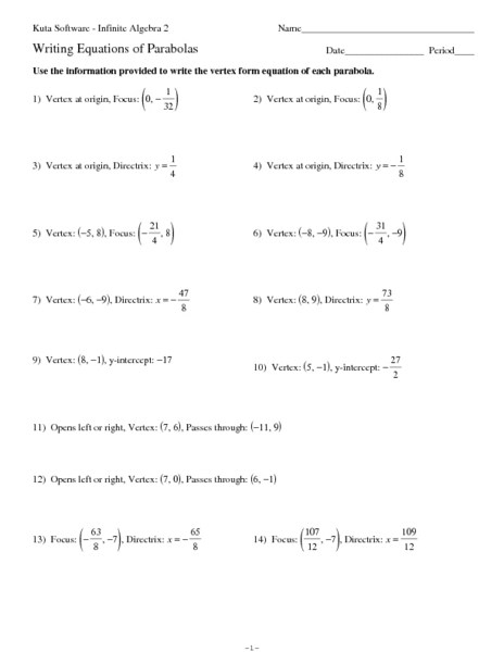 Writing Equations Of Parabolas Talkchannels Writing Equations Of Parabolas 10th 11th Grade Worksheet