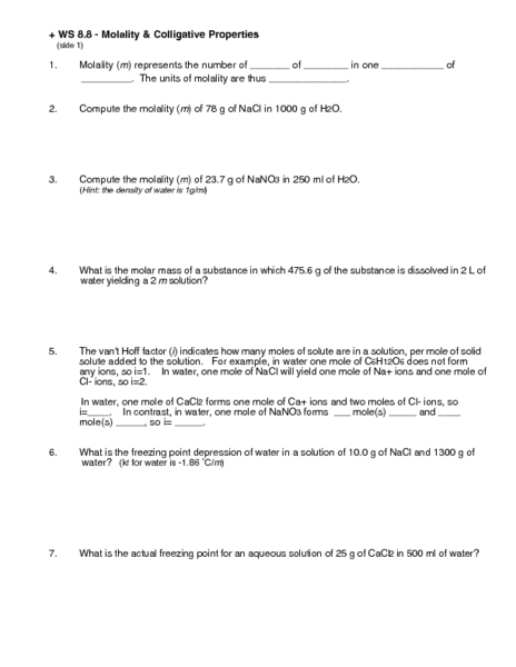 Printables Colligative Properties Worksheet ws 8 molality and colligative properties 10th 12th grade worksheet lesson planet