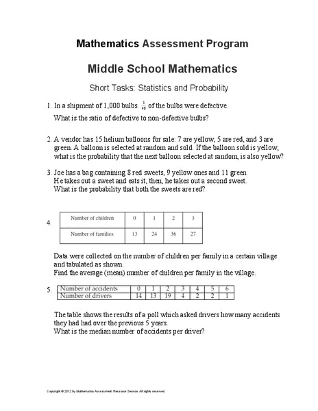 Statistics and Probability Assessment for 7th - 8th Grade | Lesson Planet