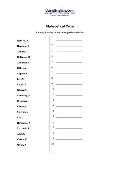 alphabetical order worksheet for 7th 9th grade lesson planet