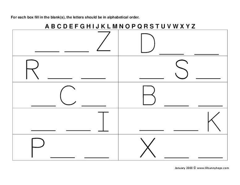 alphabetical order fill in the blank worksheet for pre k kindergarten