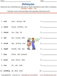 Antonyms Worksheet for 2nd - 3rd Grade | Lesson Planet