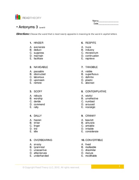 Antonyms 3 Worksheet for 9th - 11th Grade | Lesson Planet