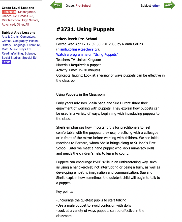 Using Puppets Lesson Plan for Kindergarten Lesson