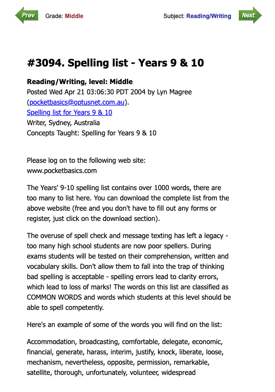 Spelling List Years 9 & 10 Lesson Plan for 6th 8th Grade Lesson