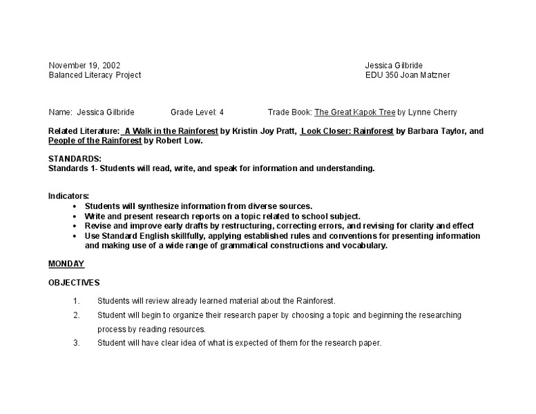 Balanced Literacy Project Lesson Plan for 4th Grade Lesson