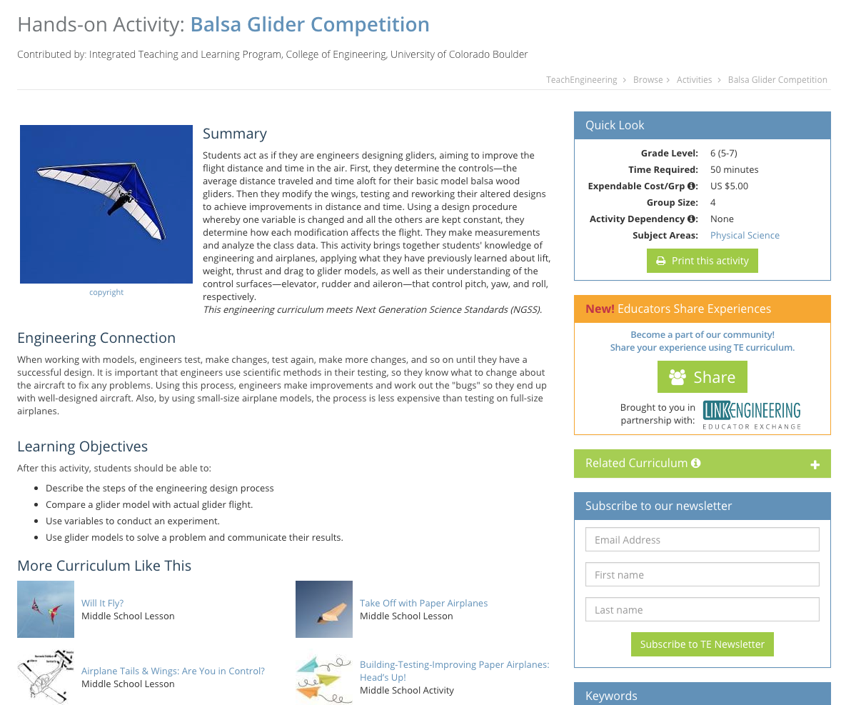 Balsa Glider Competition Lesson Plan for 5th 7th Grade Lesson