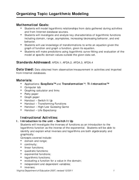 Logarithmic Modeling Lesson Plan for 10th - 12th Grade | Lesson Planet