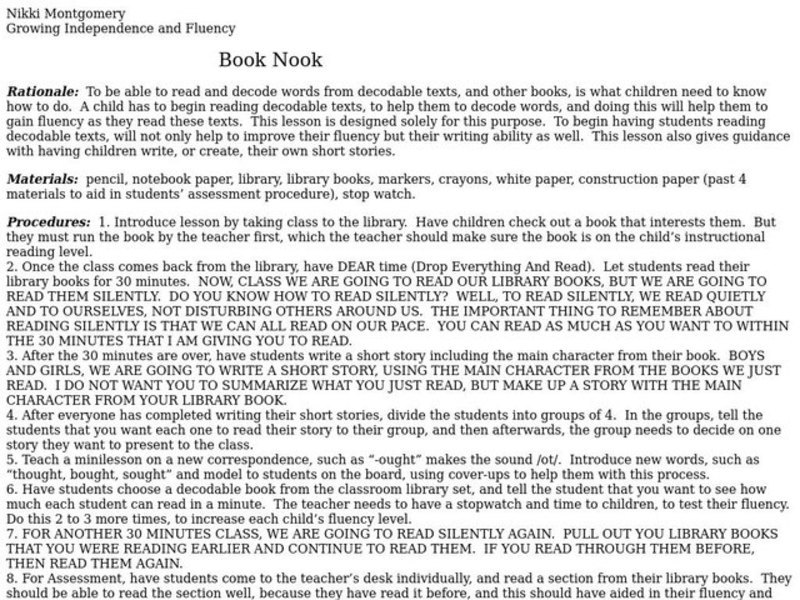 Book Nook Lesson Plan for Kindergarten 1st Grade Lesson