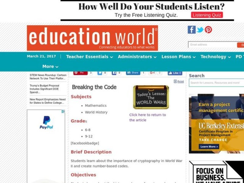 Breaking the Code Lesson Plan for 6th 12th Grade Lesson