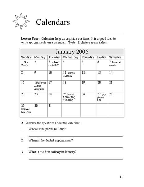 Calendars Worksheet for 2nd 5th Grade Lesson