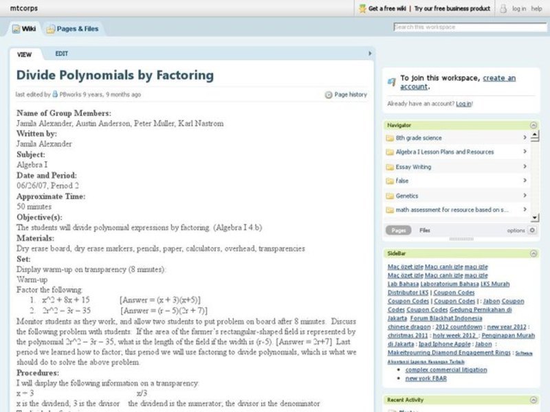 Divide Polynomials By Factoring Lesson Plan for 9th - 12th Grade ...