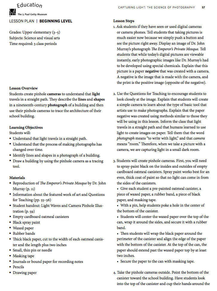 Capturing Light The Science of Photography Lesson Plan for 3rd 12th