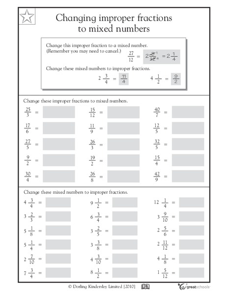 Changing Improper Fractions to Mixed Numbers Worksheet for 4th - 5th Grade | Lesson Planet