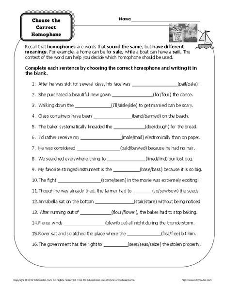 choose the correct homophone worksheet for 4th 8th grade