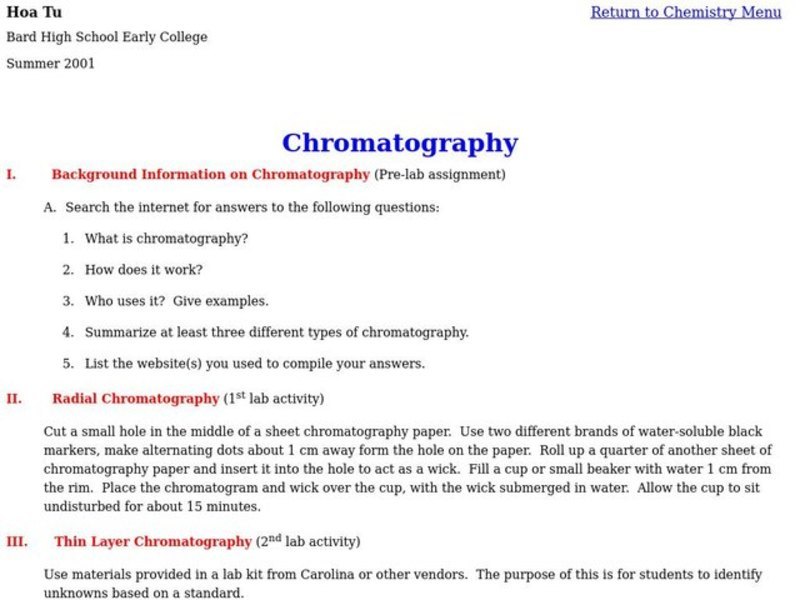 Chromatography Lesson Plan for 7th 10th Grade Lesson