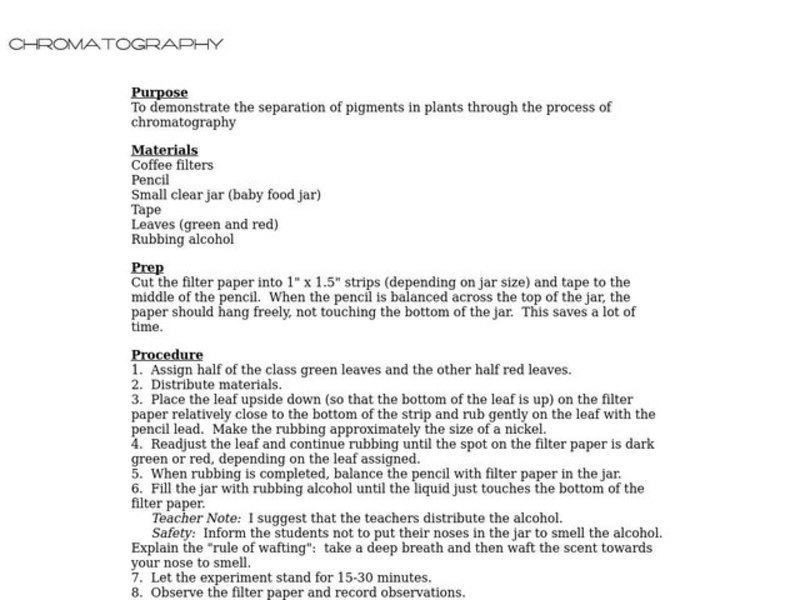 Chromatography Lesson Plan for 6th 12th Grade Lesson