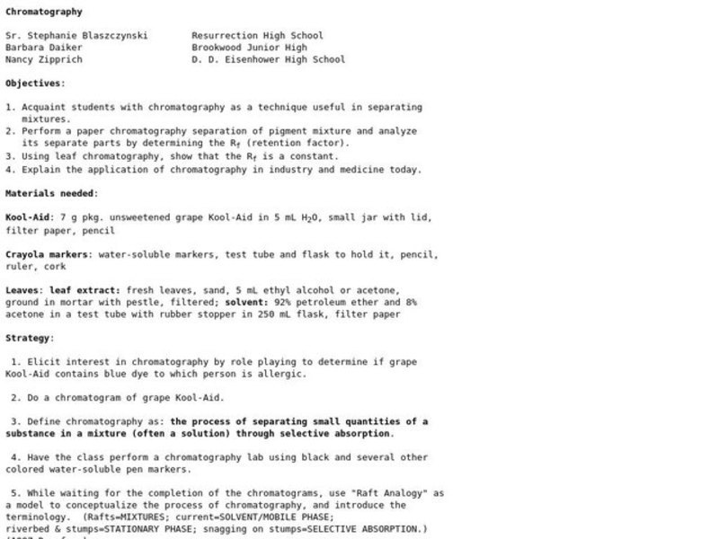 Chromatography Lesson Plan for 9th 12th Grade Lesson