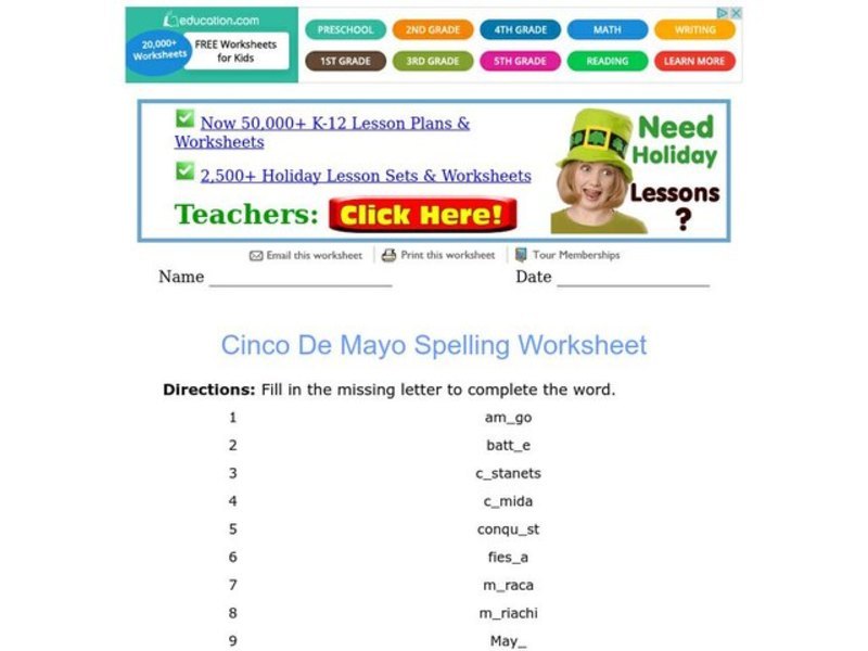 Cinco De Mayo Spelling Worksheet Worksheet for 3rd 4th Grade Lesson