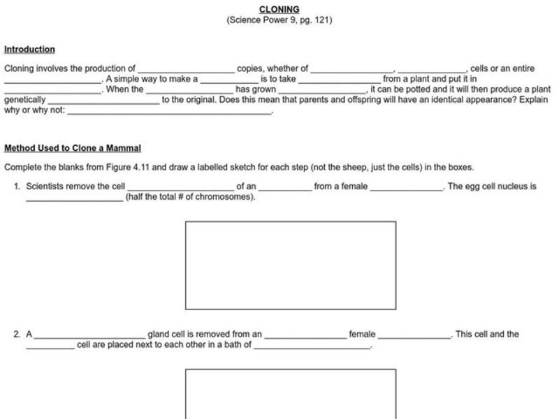 Cloning Worksheet for 8th 10th Grade Lesson