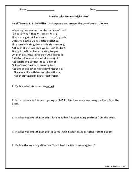 Practice with Poetry Worksheet for 9th - 12th Grade | Lesson Planet