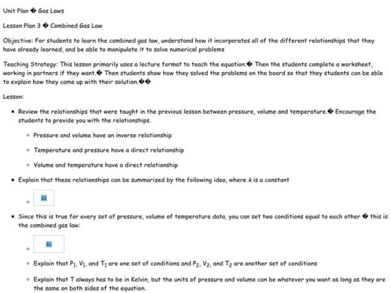 Combined Gas Law Lesson Plan for 11th 12th Grade Lesson