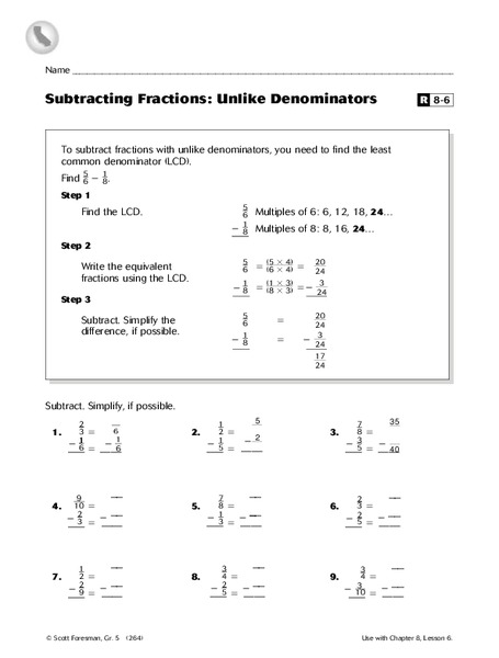 subtracting fractions unlike denominators worksheet for 4th 6th