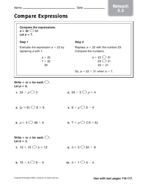 Compare Expressions Worksheet for 5th - 6th Grade | Lesson Planet