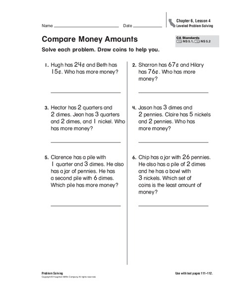 Compare Money Amounts Worksheet for 2nd - 4th Grade | Lesson Planet