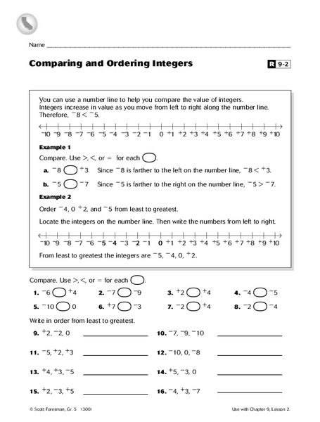 comparing and ordering integers worksheet for 5th 6th grade lesson