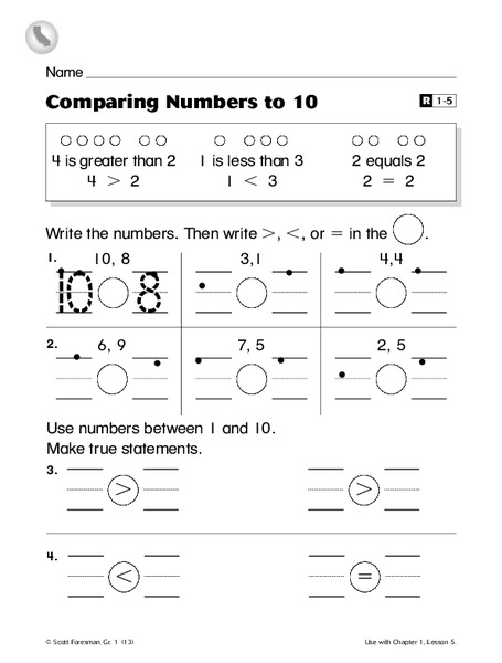 comparing numbers to 10 worksheet for 1st 2nd grade