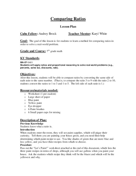 Comparing Ratios Lesson Plan for 7th - 10th Grade | Lesson Planet
